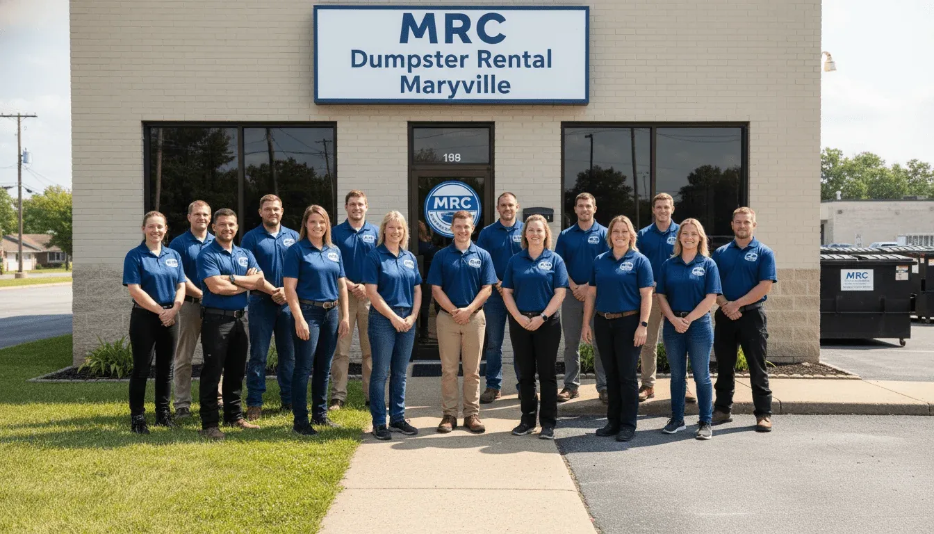 MRC Dumpster Rental Maryville crew answering questions beside a roll-off container