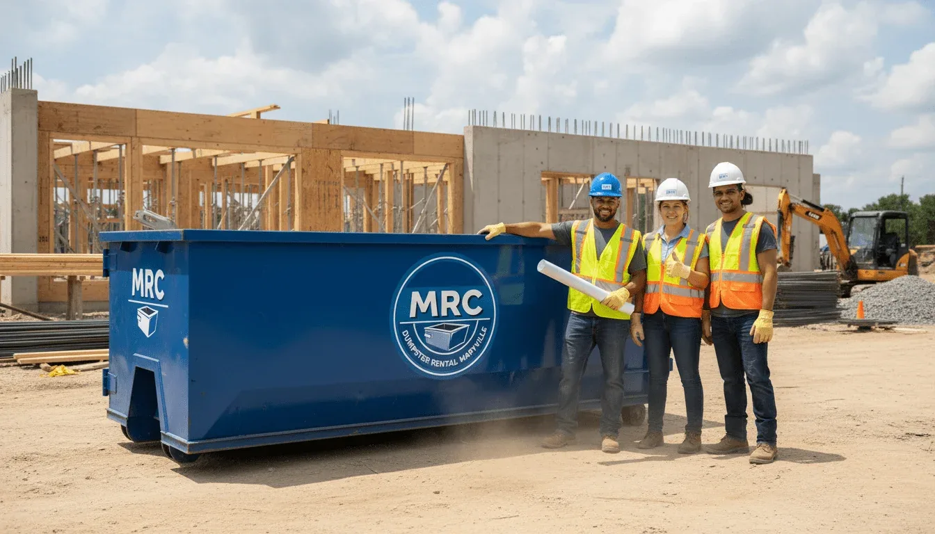 The MRC Dumpster Rental Maryville crew with a roll-off truck and container in Maryville, TN